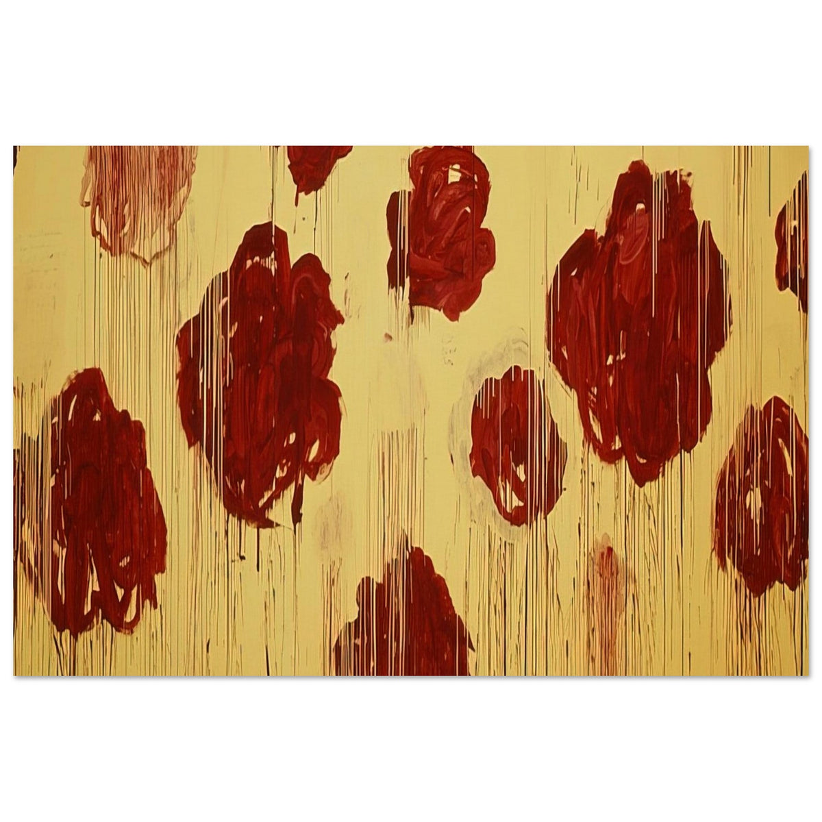Untitled (Blooming, A Scattering of Blossoms & Other Things) by Cy Twombly poster, 40 × 60 cm / 16 × 24 in: This expressive composition features bold crimson and burgundy forms scattered across a luminous….