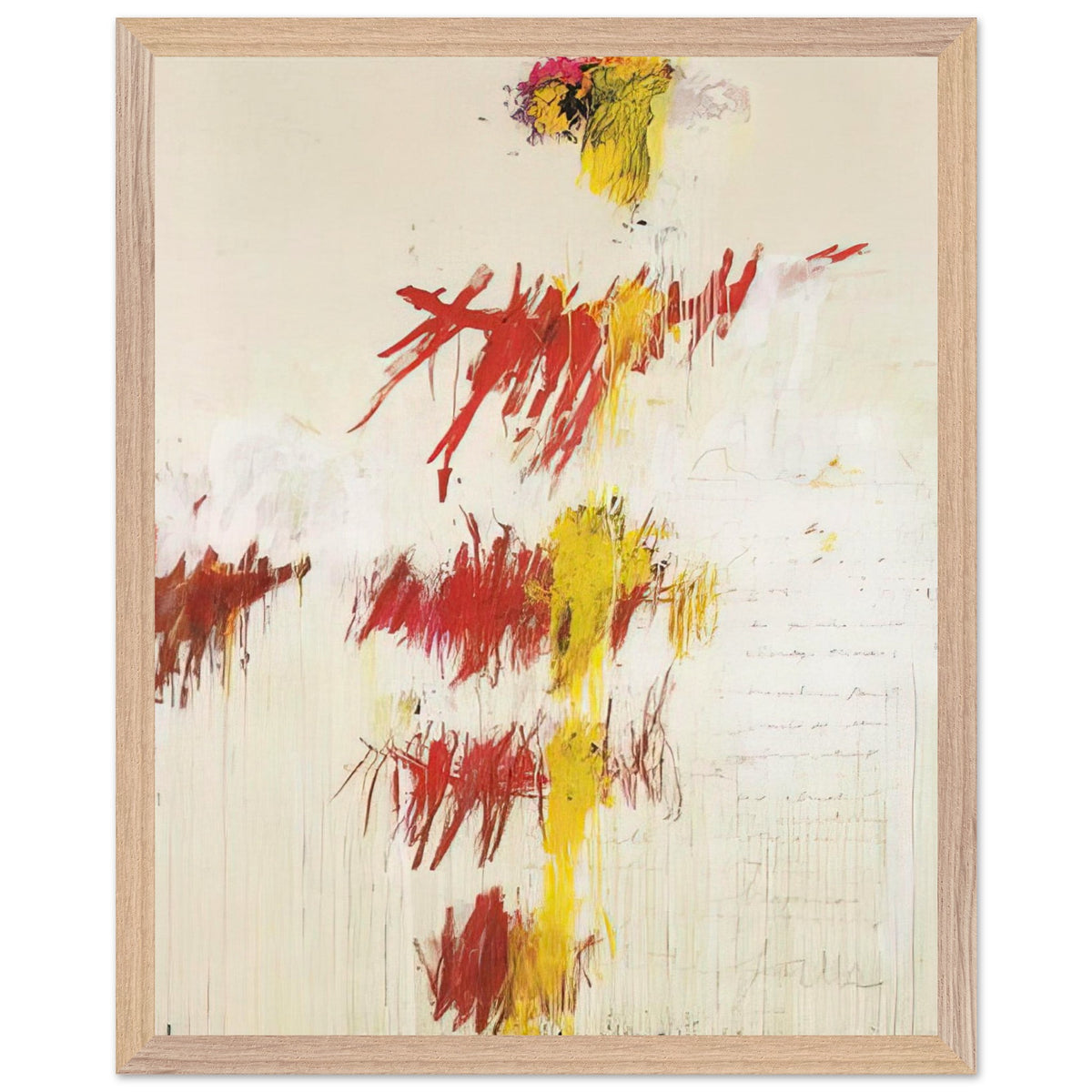 Quattro Stagioni II. Primavera by Cy Twombly, framed art print, energetic red and crimson brushstrokes, luminous yellow accents, 60x80 cm (24x32 in), white frame