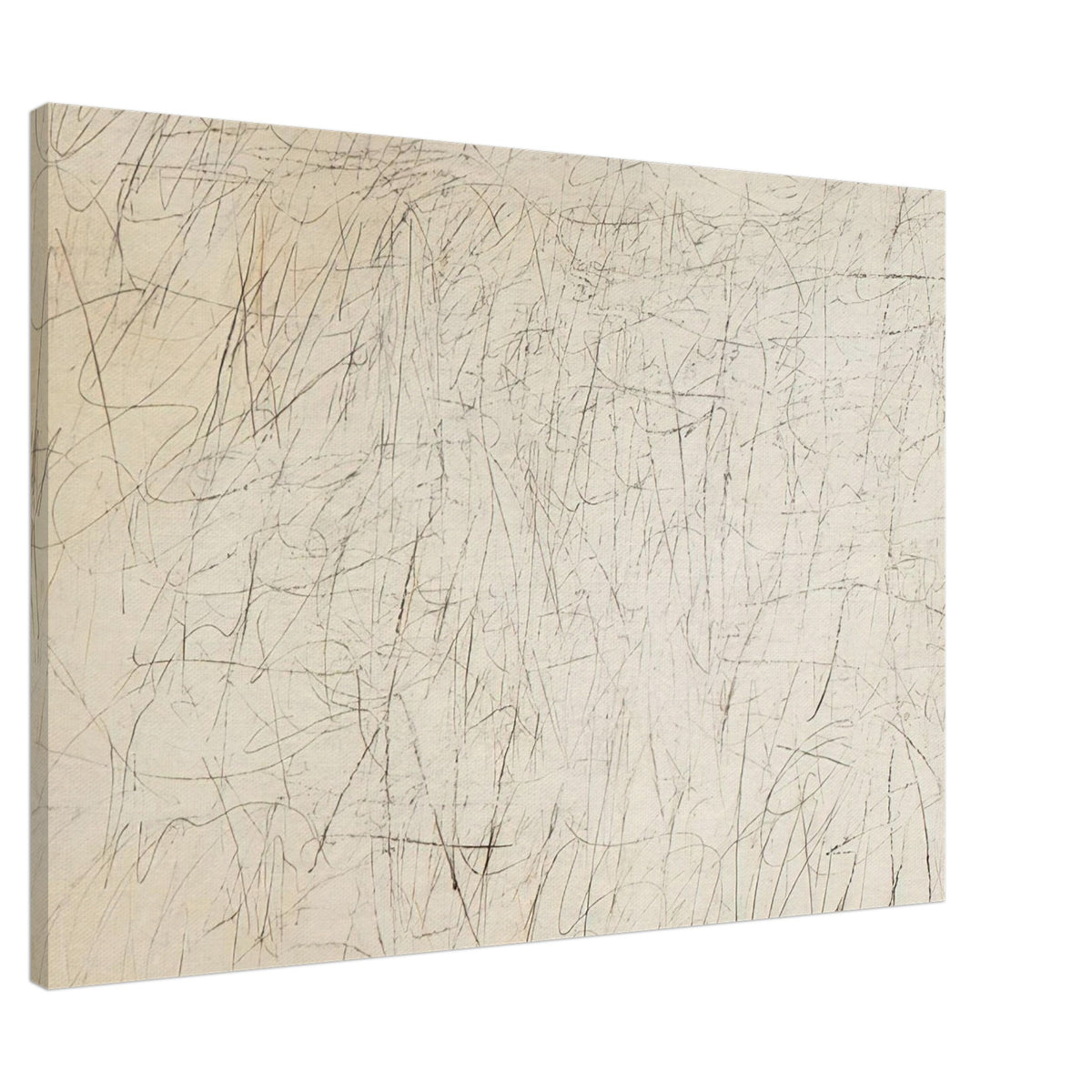 The Geeks by Cy Twombly canvas print, 40 × 50 cm / 16 × 20 in: a warm ivory background filled with delicate pencil-like lines, overlapping scribbles, angular gestures….
