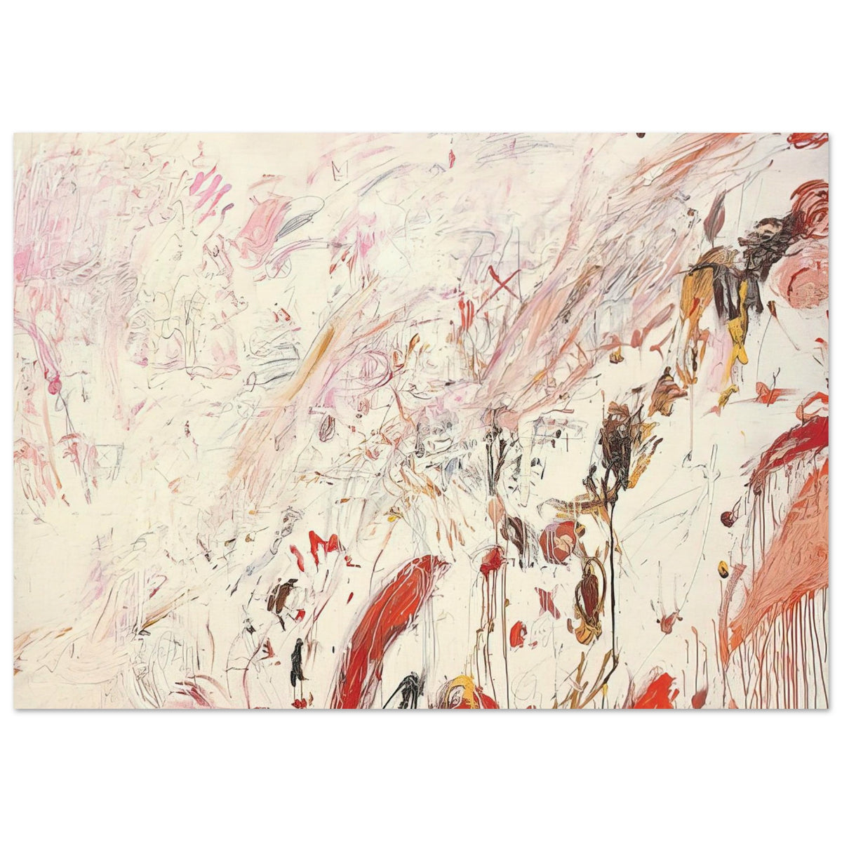 Ferragosto III by Cy Twombly poster, 50 × 70 cm / 20 × 28 in: This captivating composition features a pale cream background layered with energetic brushstrokes….