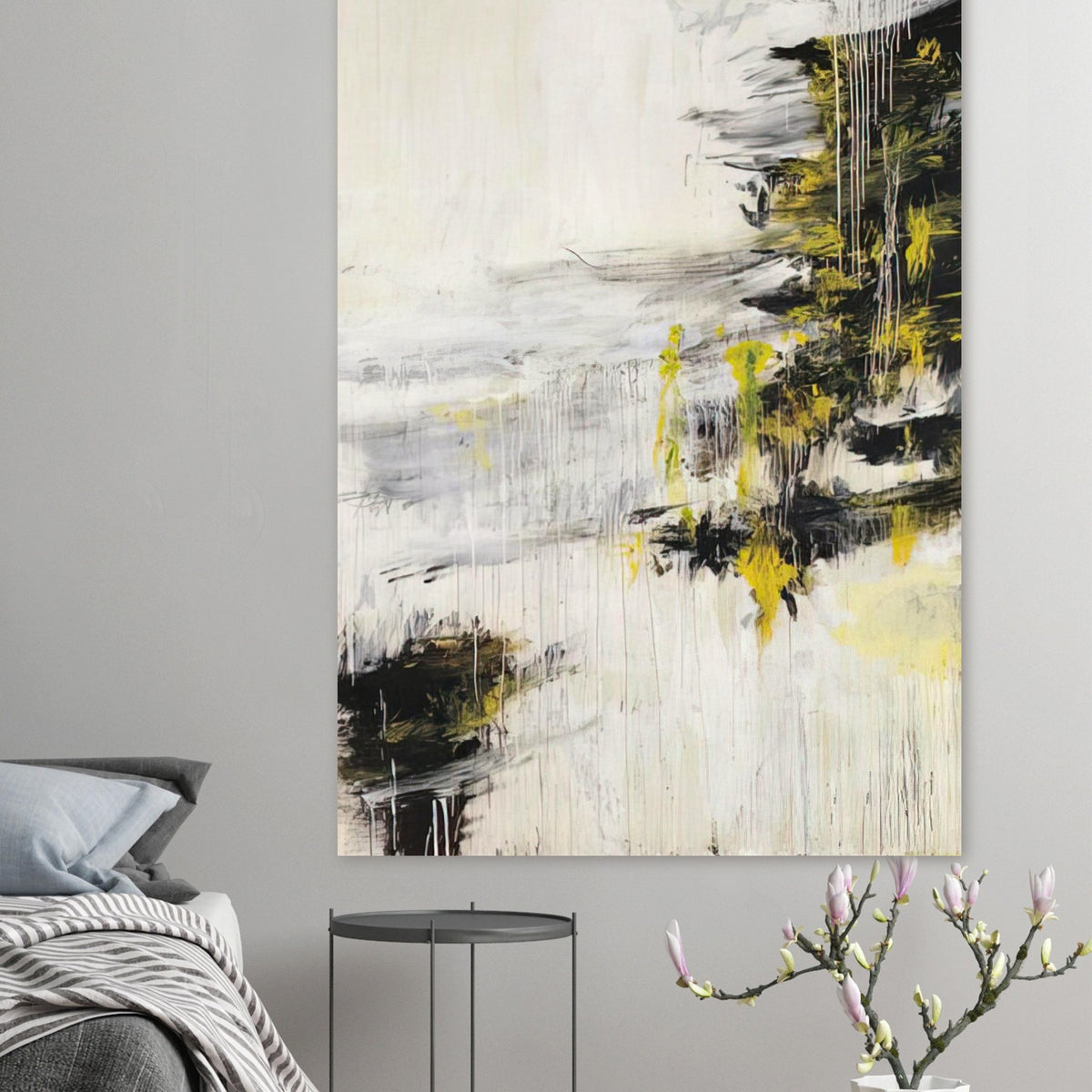 Quattro Stagioni II. Inverno by Cy Twombly, poster, bold black brushstrokes, flowing white and gray paint