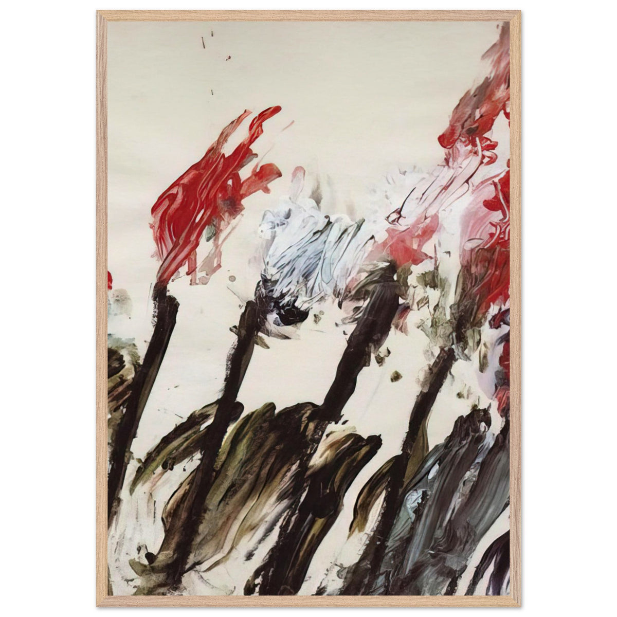 Nicola's Irises by Cy Twombly, framed art print, 50x70 cm / 20x28″, White frame; sweeping red and crimson brushstrokes, delicate pink accents, cool blue details