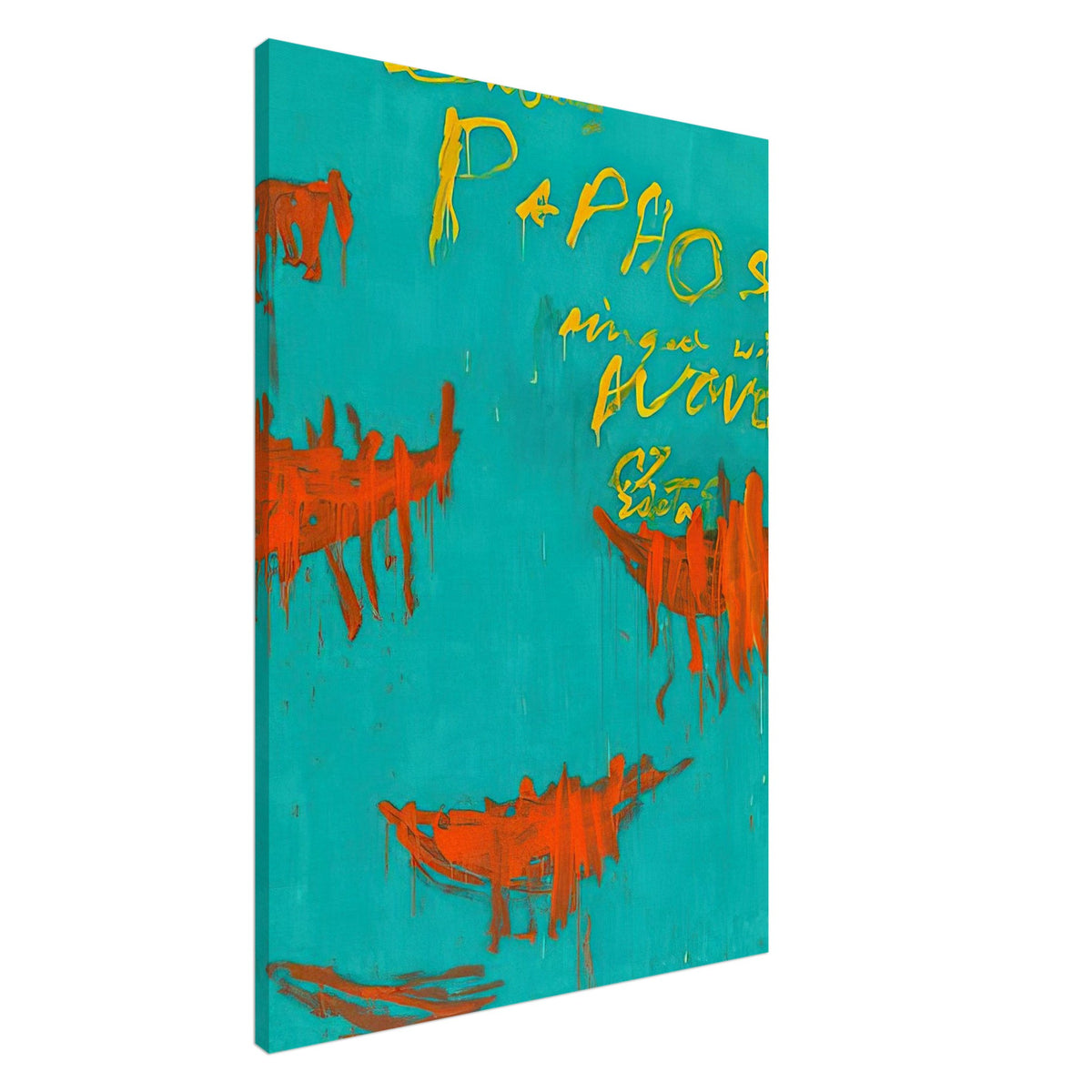 Leaving Paphos Ringed with Waves by Cy Twombly, canvas print, 45x60 cm / 18x24″; a rich turquoise background with energetic orange-red boat-like shapes and spontaneous yellow handwritten