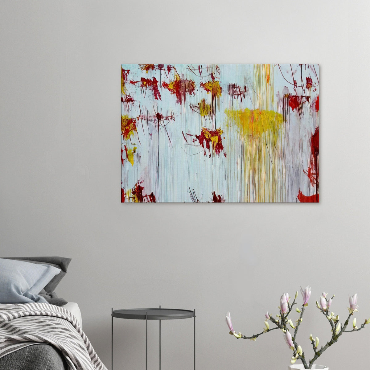 Lepanto, Part X by Cy Twombly canvas print: This striking composition features a pale blue background layered with vivid yellow, golden ochre, orange….