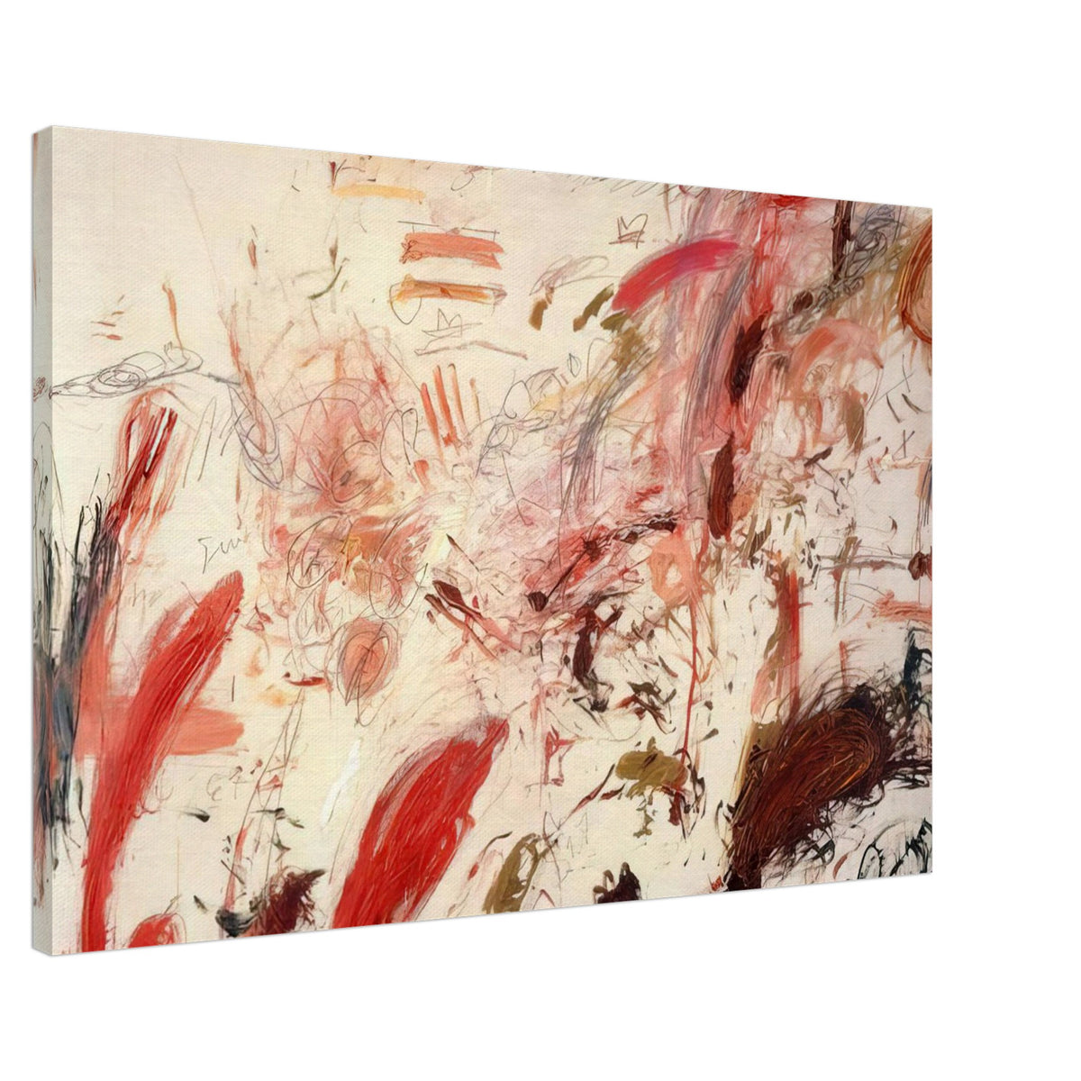 Ferragosto IV by Cy Twombly canvas print, 50 × 75 cm / 20 × 30 in: a pale cream background covered with energetic brushstrokes, spontaneous lines, and layered marks in red….