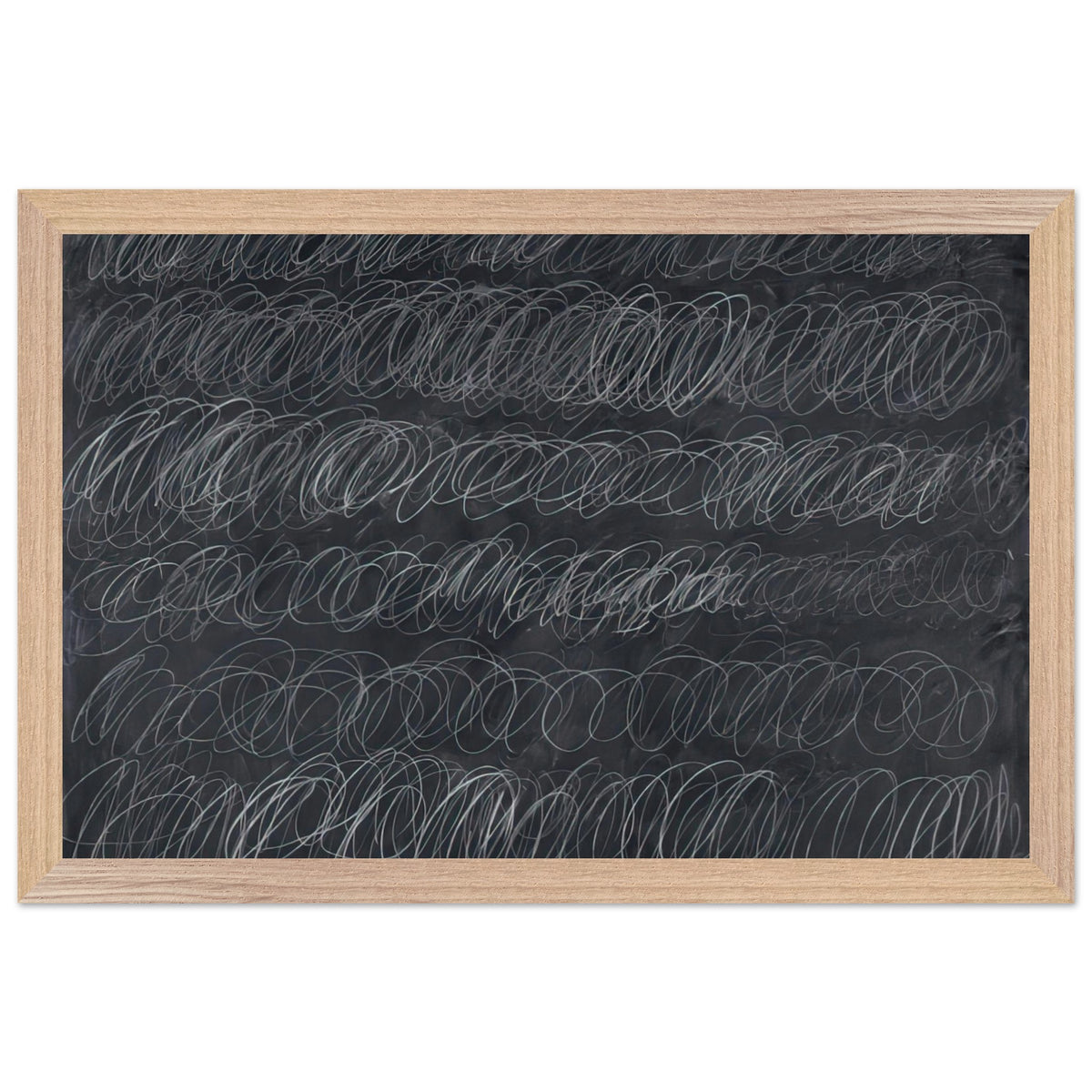 Cold Stream by Cy Twombly framed art print; featuring dense, repeating white and gray scribbled lines arranged in horizontal rows across a deep charcoal-gray; size 50 × 70 cm (20 × 28 in); white frame.