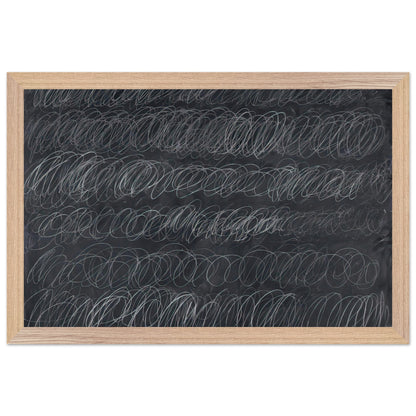 Cold Stream by Cy Twombly framed art print; featuring dense, repeating white and gray scribbled lines arranged in horizontal rows across a deep charcoal-gray; size 50 × 70 cm (20 × 28 in); white frame.