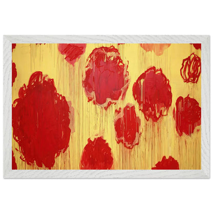 Untitled (Peonias Series) by Cy Twombly framed art print; featuring bold crimson-red and scarlet flower forms against a luminous golden-yellow background; size 800 × 1200 mm (32 × 48 in); black frame.