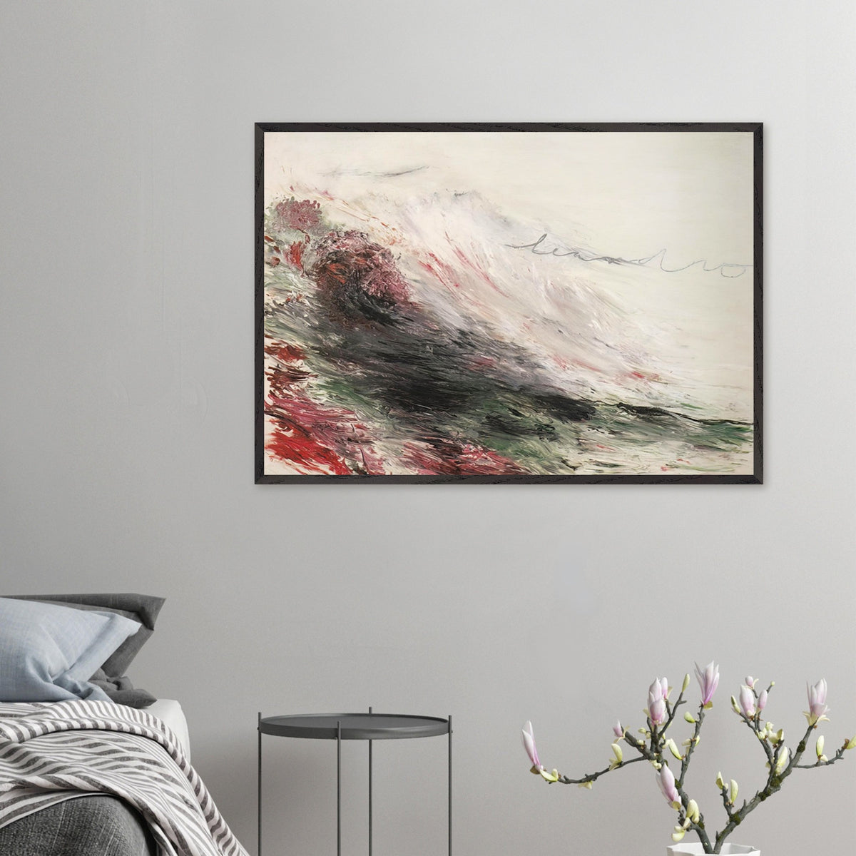 Hero and Leandro (A Painting in Four Parts) Part I by Cy Twombly framed art print; featuring sweeping white and pale gray brushstrokes, layered charcoal and black marks, subtle green tones.