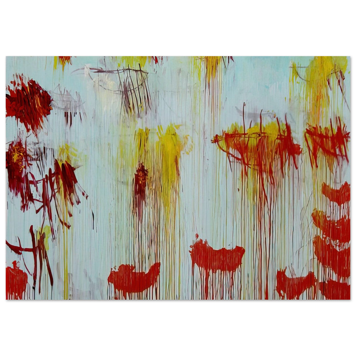 Lepanto, Part XI by Cy Twombly poster, 60 × 90 cm / 24 × 36 in: This expressive composition features a luminous pale turquoise background covered with energetic red….