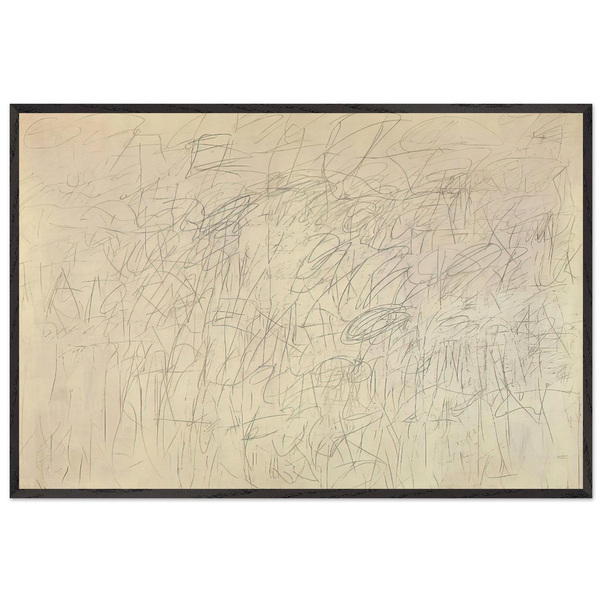 Academy by Cy Twombly framed art print; featuring an intricate network of delicate gray and black scribbles, overlapping lines, spontaneous gestures; size 60 × 90 cm (24 × 36 in); white frame.