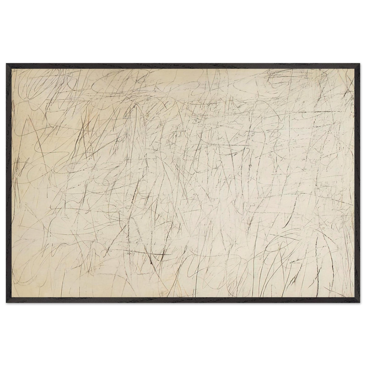 The Geeks by Cy Twombly framed art print; featuring an ivory and warm beige background covered with delicate pencil-like scribbles, intersecting lines; size 28 × 43 cm (11 × 17 in); wood frame.