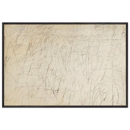 The Geeks by Cy Twombly framed art print; featuring an ivory and warm beige background covered with delicate pencil-like scribbles, intersecting lines; size 28 × 43 cm (11 × 17 in); wood frame.