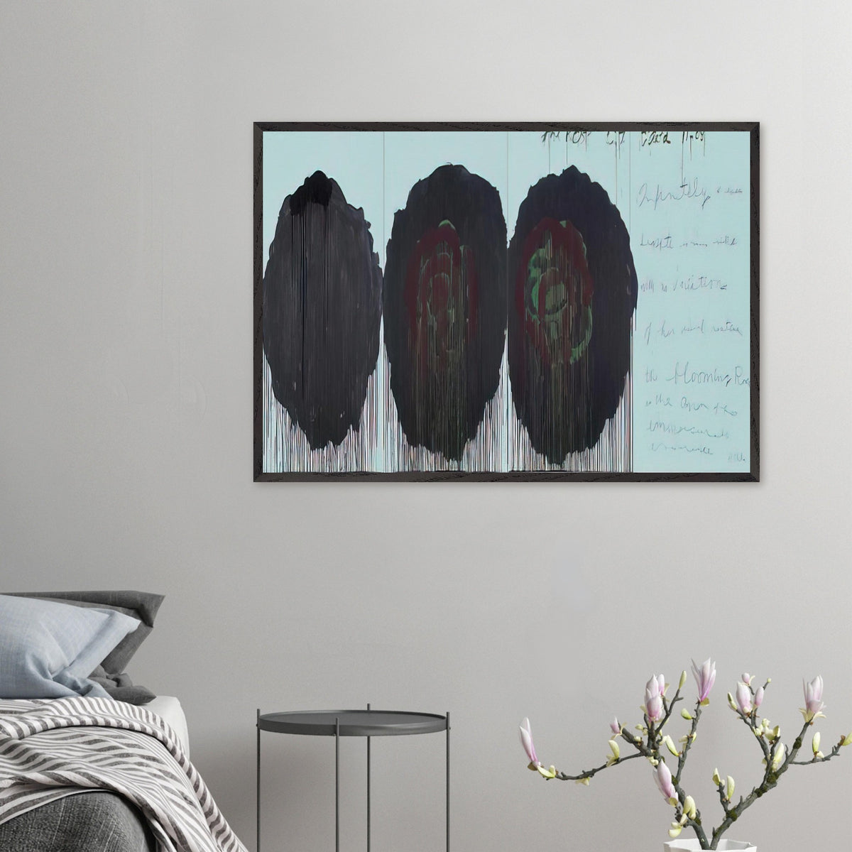 The Rose (V) by Cy Twombly framed art print; featuring three monumental rose forms in deep black, charcoal, burgundy, and dark crimson.