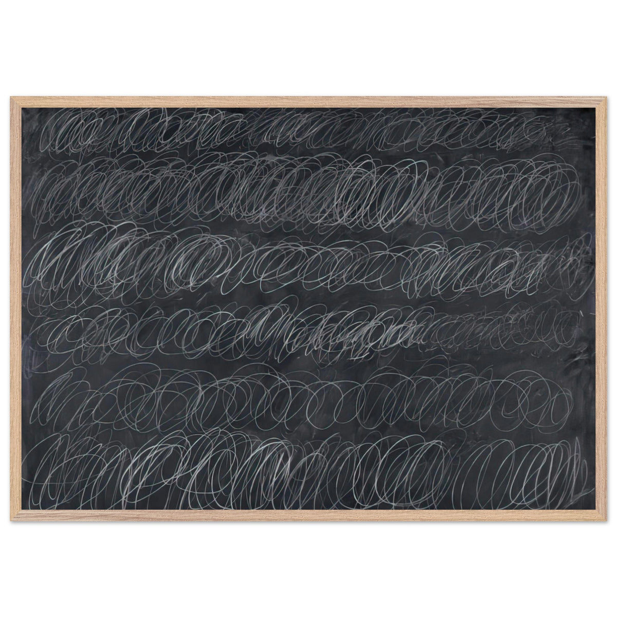 Cold Stream by Cy Twombly framed art print; featuring dense, repeating white and gray scribbled lines arranged in horizontal rows across a deep charcoal-gray; size 70 × 100 cm (28 × 40 in); black frame.