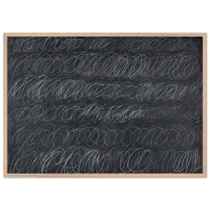 Cold Stream by Cy Twombly framed art print; featuring dense, repeating white and gray scribbled lines arranged in horizontal rows across a deep charcoal-gray; size 70 × 100 cm (28 × 40 in); black frame.