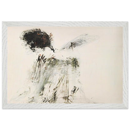 Ides of March by Cy Twombly framed art print; featuring a dramatic mass of black and dark brown marks in the upper-left area, delicate gray lines, earthy green accents; size 30 × 45 cm (12 × 18 in); wood frame.