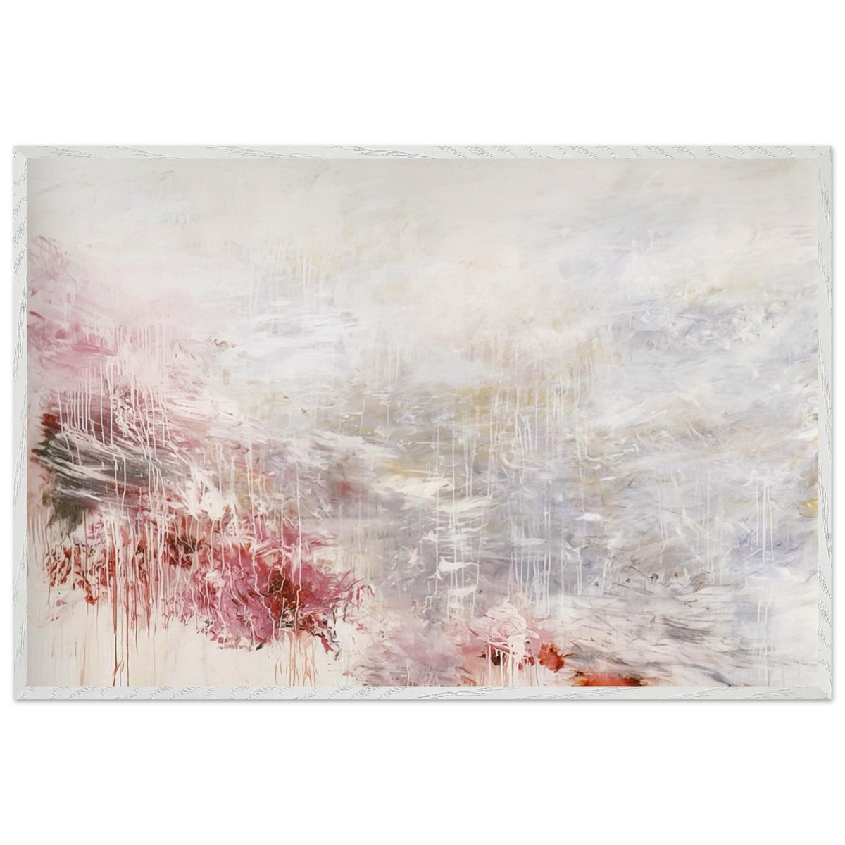 Hero and Leander (To Christopher Marlowe) [Rome] by Cy Twombly framed art print; featuring delicate washes of white, soft pink, dusty rose, and muted gray; size 28 × 43 cm (11 × 17 in); white frame.