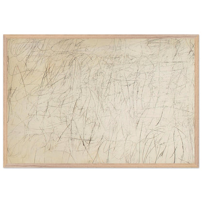 The Geeks by Cy Twombly framed art print; featuring an ivory and warm beige background covered with delicate pencil-like scribbles, intersecting lines; size 70 × 100 cm (28 × 40 in); white frame.