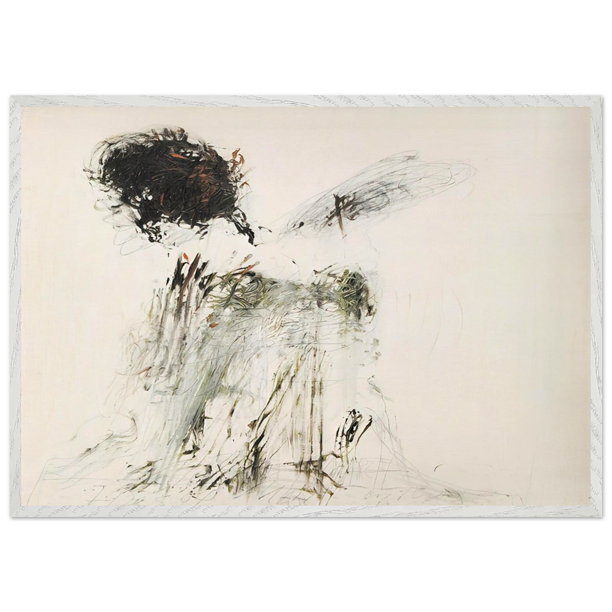 Ides of March by Cy Twombly framed art print; featuring a dramatic mass of black and dark brown marks in the upper-left area, delicate gray lines, earthy green accents; size A1 (59.4 × 84.1 cm); black frame.