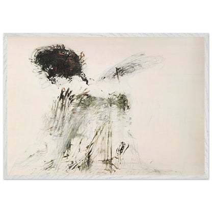 Ides of March by Cy Twombly framed art print; featuring a dramatic mass of black and dark brown marks in the upper-left area, delicate gray lines, earthy green accents; size A1 (59.4 × 84.1 cm); black frame.