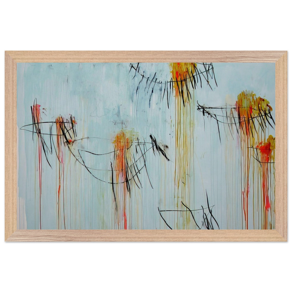 Lepanto, Part II by Cy Twombly framed art print; featuring a luminous turquoise-blue background, energetic black gestural lines, and vivid accents of yellow, orange; size 60 × 90 cm (24 × 36 in); white frame.
