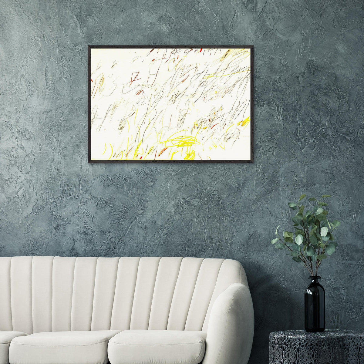 Blue Room by Cy Twombly framed art print; featuring delicate, spontaneous scribbles and gestural lines in shades of black, red, orange.