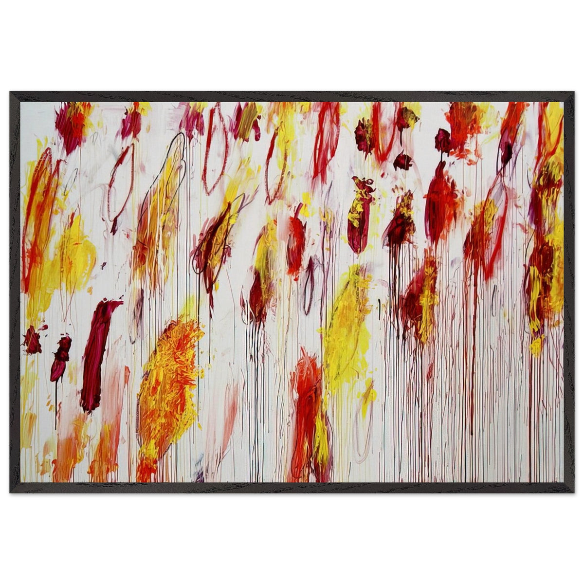 Lepanto, Part IV by Cy Twombly framed art print; featuring vivid yellow and golden-orange pigments, fiery red and crimson brushstrokes, delicate pink accents; size 800 × 1200 mm (32 × 48 in); white frame.