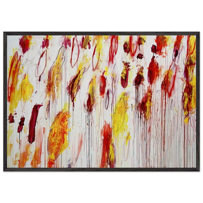 Lepanto, Part IV by Cy Twombly framed art print; featuring vivid yellow and golden-orange pigments, fiery red and crimson brushstrokes, delicate pink accents; size 800 × 1200 mm (32 × 48 in); white frame.