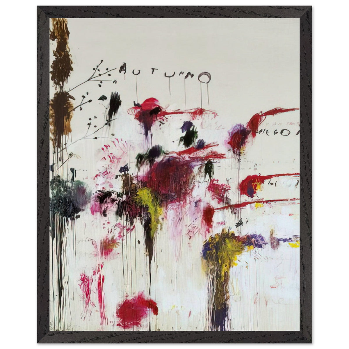 Quattro Stagioni II. Autunno by Cy Twombly, framed art print, bold red and crimson brushstrokes, rich purple and burgundy accents, 70x100 cm (28x40 in), wood frame