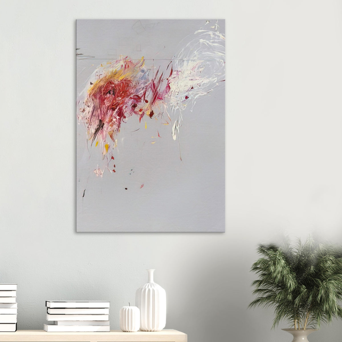 Nine Discourses on Commodus, Part V by Cy Twombly, canvas print, soft gray background, sweeping white strokes