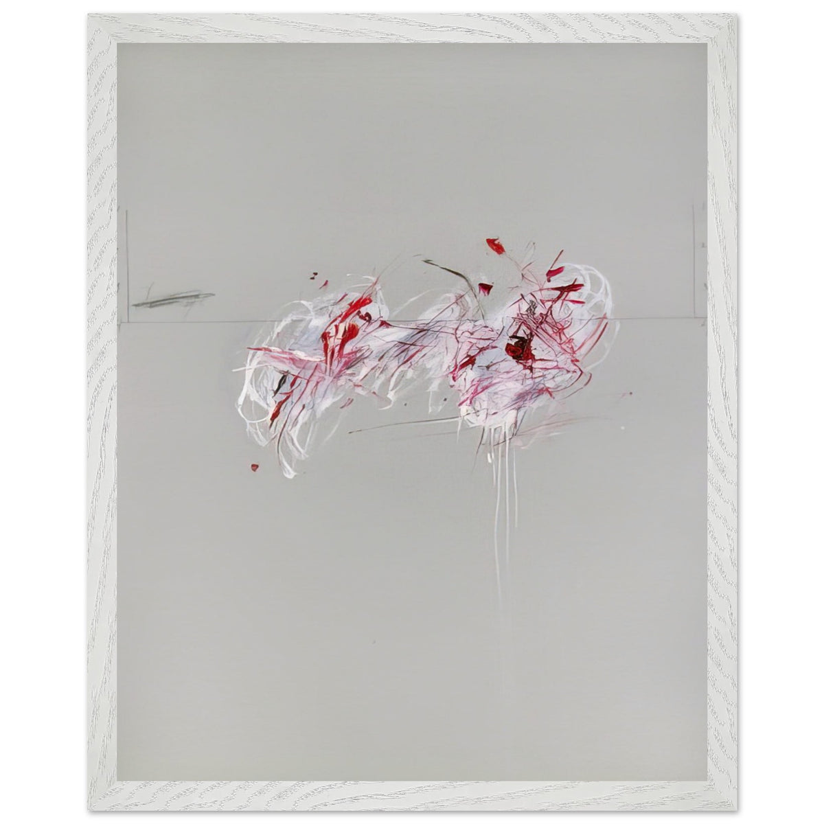 Nine Discourses on Commodus, Part II by Cy Twombly, framed art print, 60x80 cm / 24x32″, White frame; a restrained gray background, expressive red and crimson forms