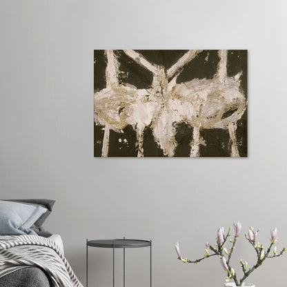 Min-Oe by Cy Twombly canvas print: This striking composition features thick ivory-white brushstrokes against a deep black background….