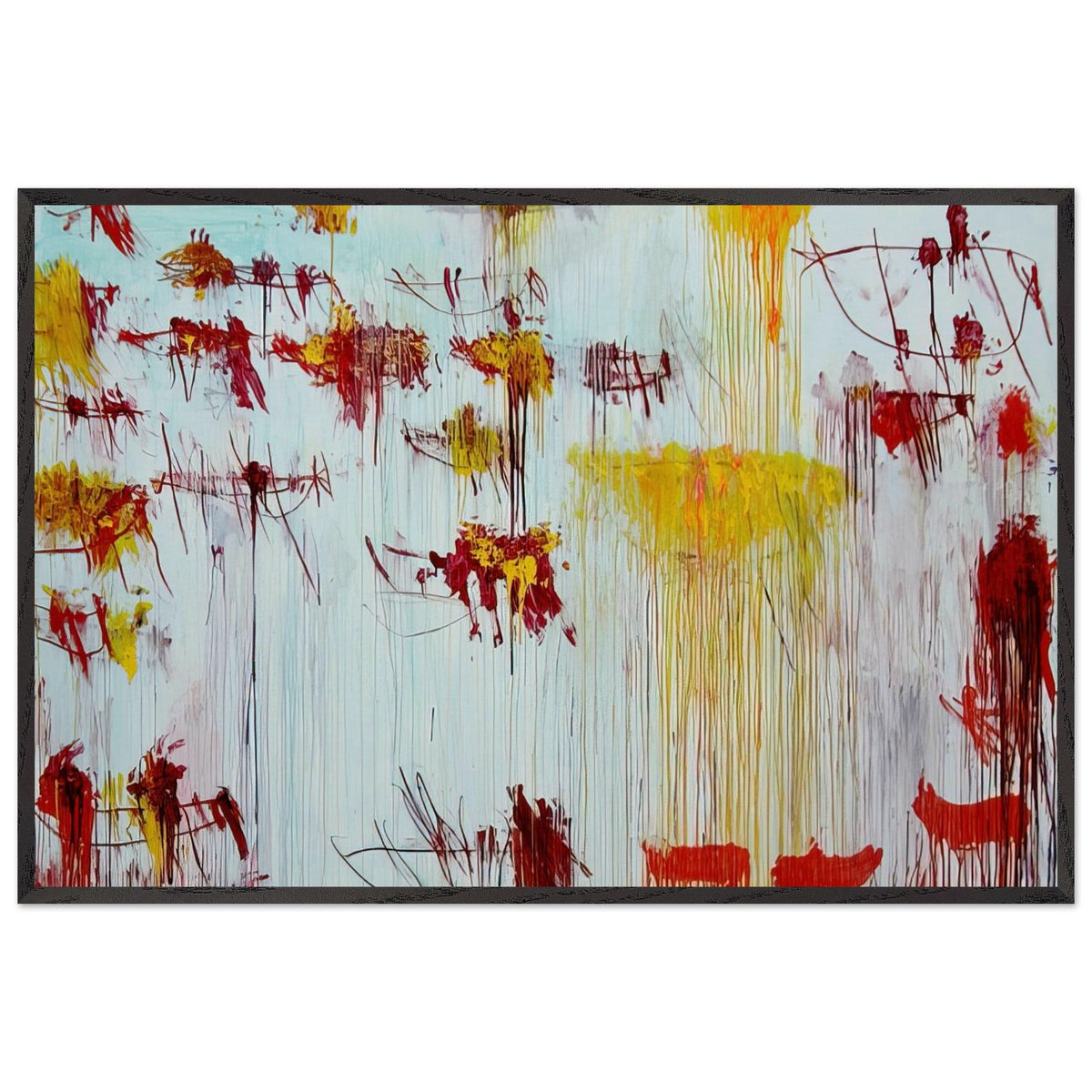 Lepanto, Part X by Cy Twombly framed art print; featuring a luminous pale blue and turquoise background, vivid golden-yellow brushstrokes; size A1 (59.4 × 84.1 cm); wood frame.