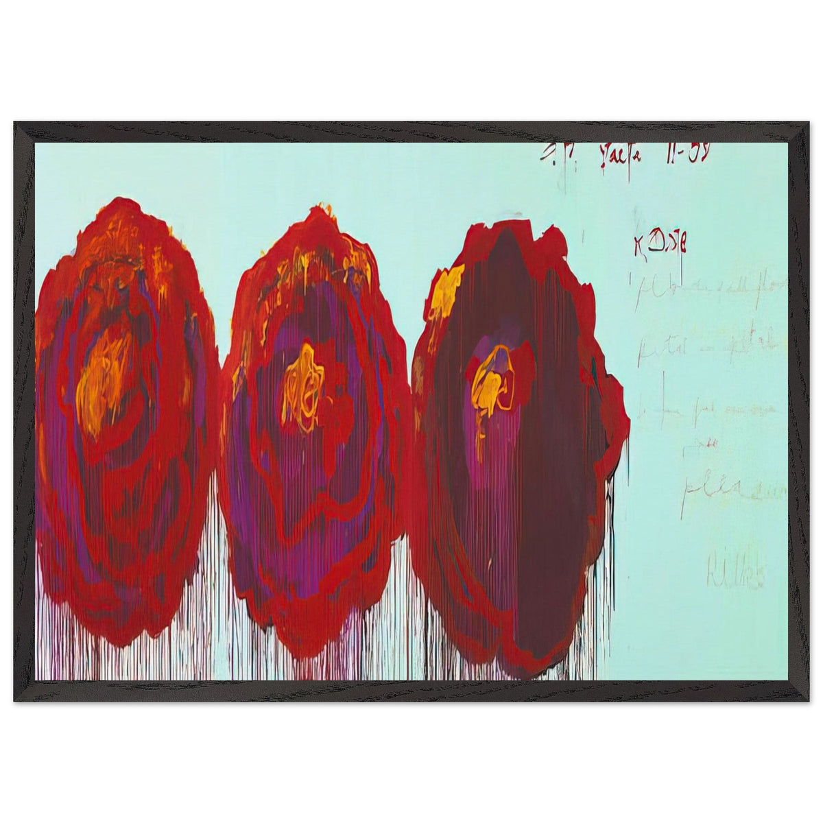 The Rose (IV) by Cy Twombly framed art print; featuring three oversized rose forms in deep crimson, fiery red, rich burgundy, and vivid violet; size A1 (59.4 × 84.1 cm); white frame.