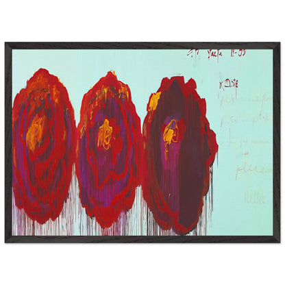 The Rose (IV) by Cy Twombly framed art print; featuring three oversized rose forms in deep crimson, fiery red, rich burgundy, and vivid violet; size A1 (59.4 × 84.1 cm); white frame.