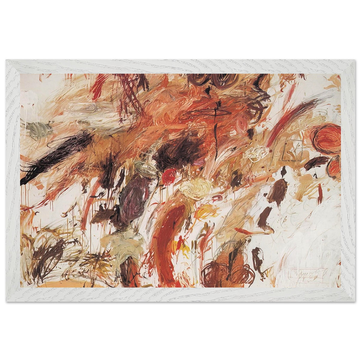Ferragosto V by Cy Twombly framed art print; featuring energetic brushstrokes, layered pigments, and spontaneous gestures in shades of rust red, burnt orange; size 28 × 43 cm (11 × 17 in); black frame.