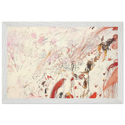 Ferragosto III by Cy Twombly framed art print; featuring energetic brushstrokes, delicate scribbles, and layered gestures in shades of red, pink, rust, orange, ochre; size 28 × 43 cm (11 × 17 in); white frame.