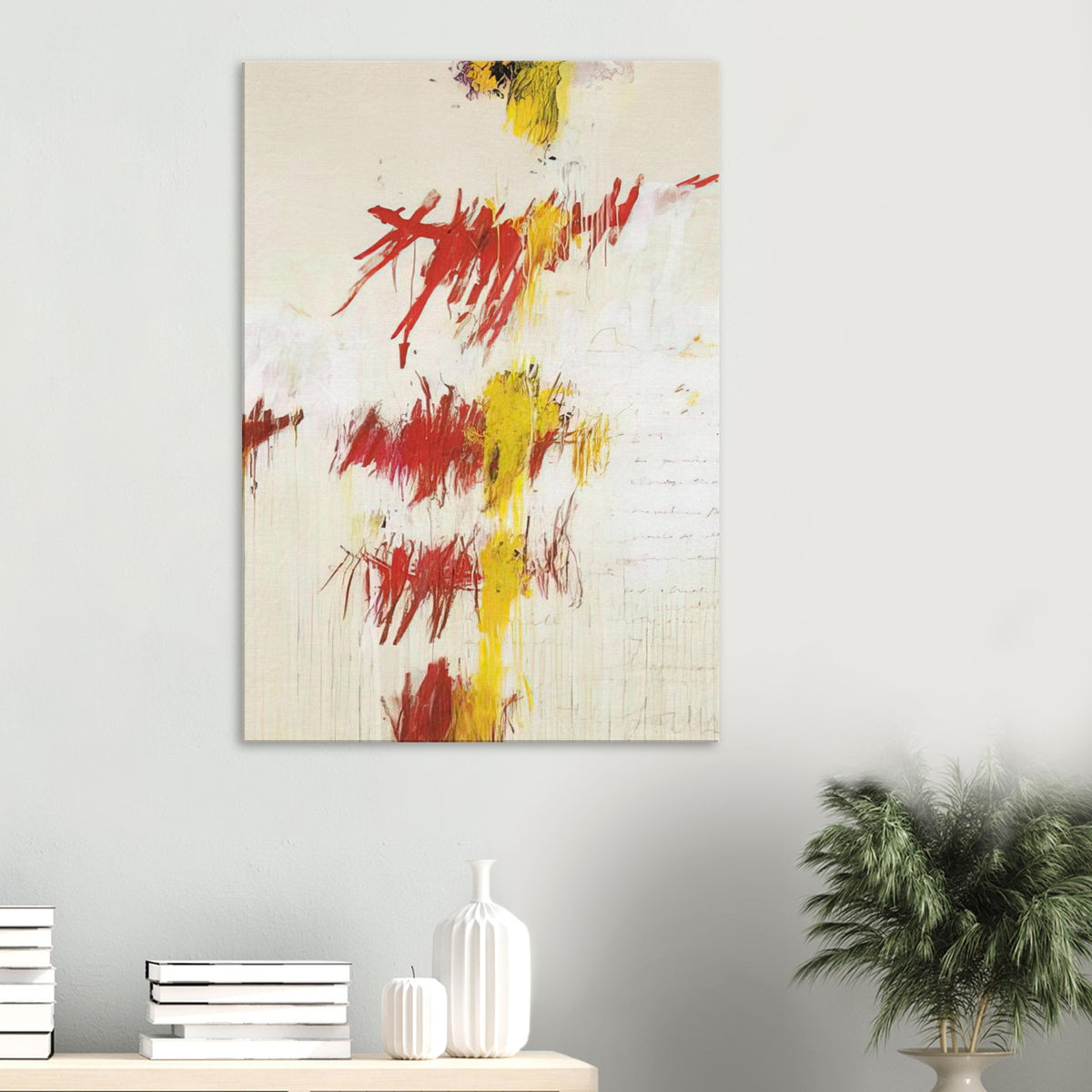 Quattro Stagioni II. Primavera by Cy Twombly, canvas print, bold red and crimson brushstrokes with luminous yellow marks, subtle