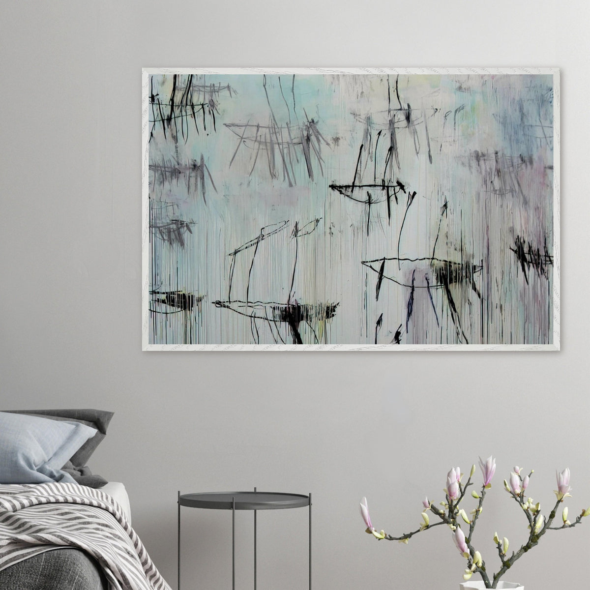 Lepanto, Part V by Cy Twombly framed art print; featuring a pale blue and ivory background, expressive black lines, delicate gray marks, subtle pink undertones.