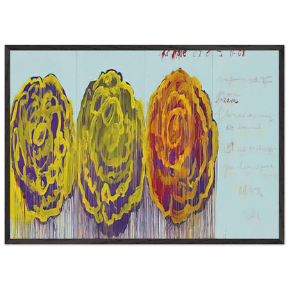 The Rose (III) by Cy Twombly framed art print; featuring three oversized rose-like forms in vivid golden yellow, fiery orange, rich magenta; size 800 × 1200 mm (32 × 48 in); white frame.