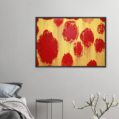 Untitled (Peonias Series) by Cy Twombly framed art print; featuring bold crimson-red and scarlet flower forms against a luminous golden-yellow background.