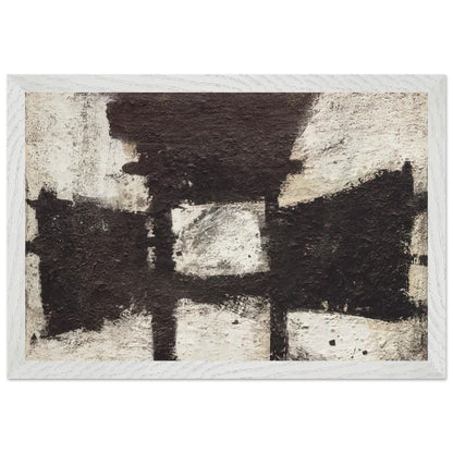 Zyig by Cy Twombly framed art print; featuring bold black and dark brown geometric forms against a textured ivory background; size A1 (59.4 × 84.1 cm); black frame.