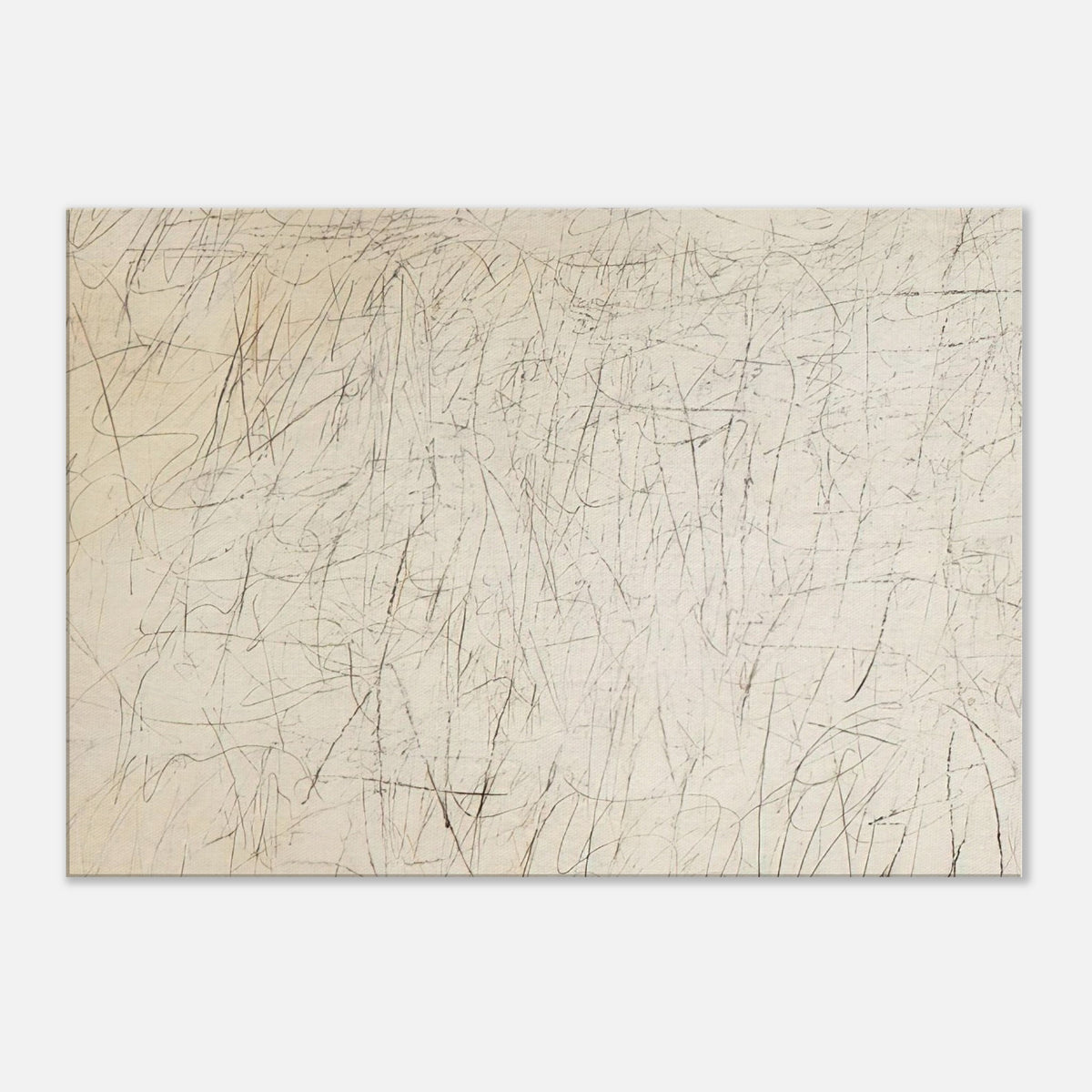 The Geeks by Cy Twombly canvas print: a warm ivory background filled with delicate pencil-like lines, overlapping scribbles, angular gestures….