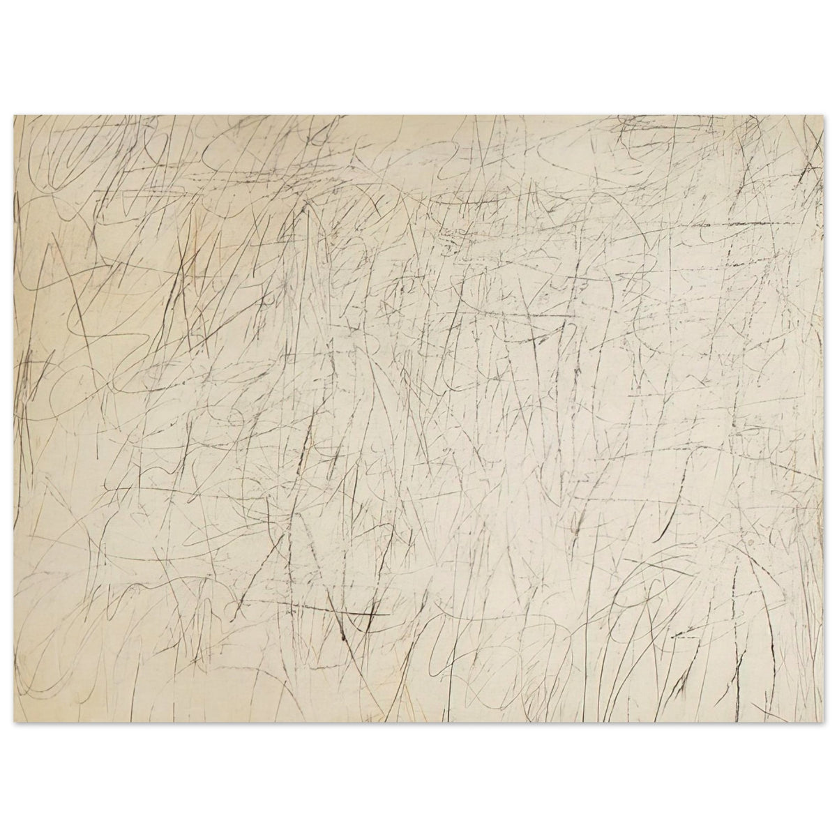 The Geeks by Cy Twombly poster, 30 × 40 cm / 12 × 16 in: This expressive composition features a warm ivory background covered with an intricate network….