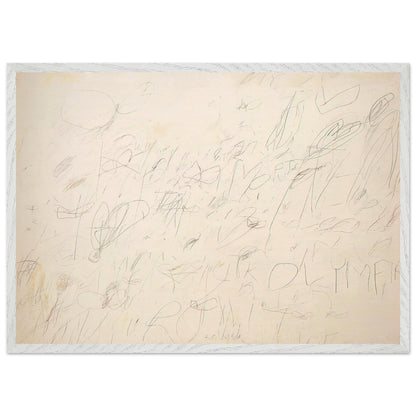 Olympia by Cy Twombly framed art print; featuring a warm ivory and pale cream background covered with delicate pencil-like lines, overlapping scribbles; size 50 × 70 cm (20 × 28 in); wood frame.