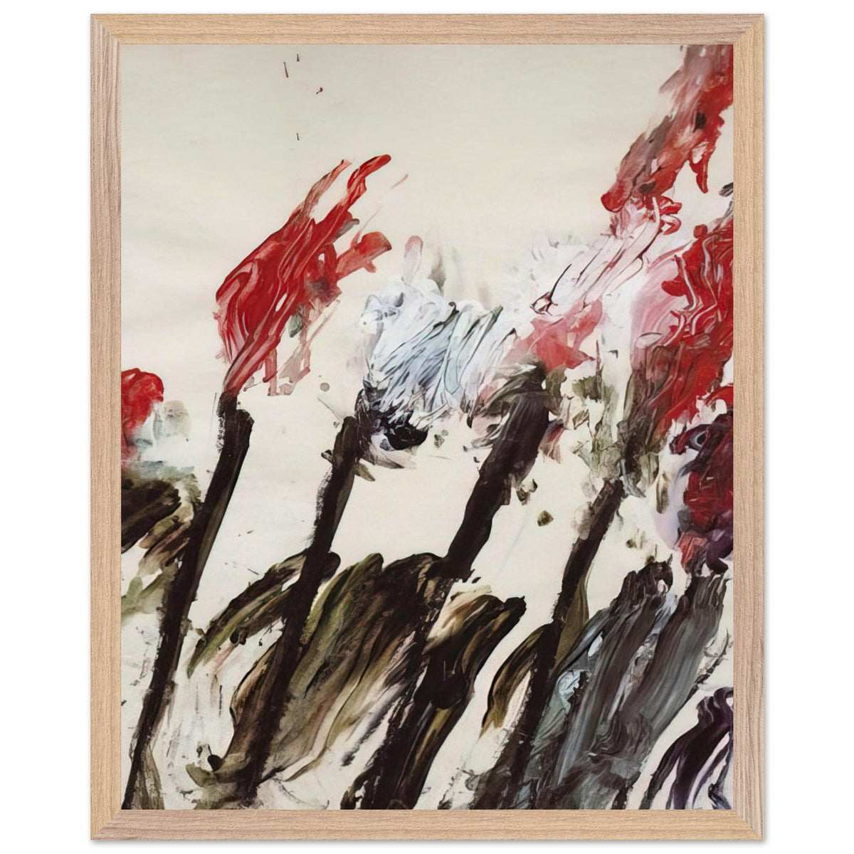 Nicola's Irises by Cy Twombly, framed art print, 60x80 cm / 24x32″, Wood frame; sweeping red and crimson brushstrokes, delicate pink accents, cool blue details
