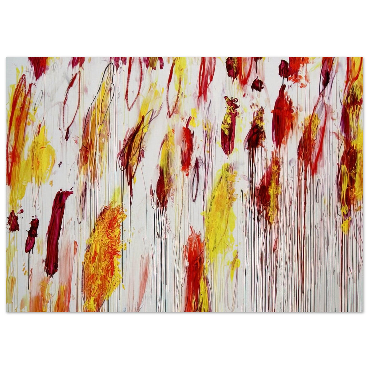 Lepanto, Part IV by Cy Twombly poster, 75 × 100 cm / 30 × 40 in: This expressive composition features vivid yellow, golden ochre, red, and deep burgundy marks against….