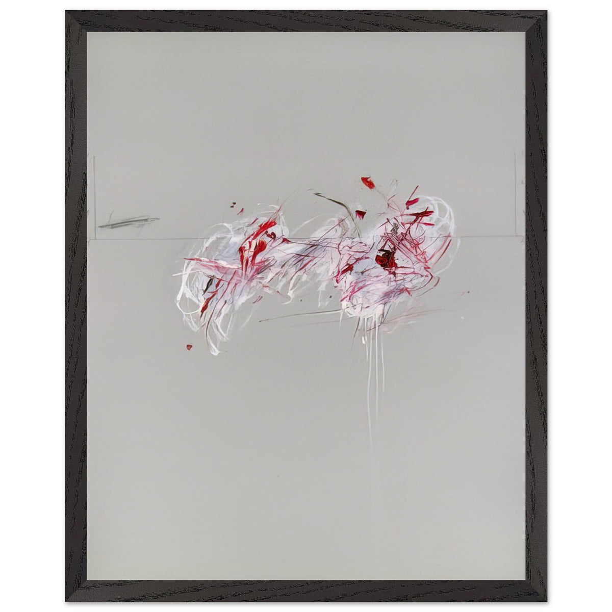 Nine Discourses on Commodus, Part II by Cy Twombly, framed art print, 40x50 cm / 16x20″, Wood frame; a restrained gray background, expressive red and crimson forms
