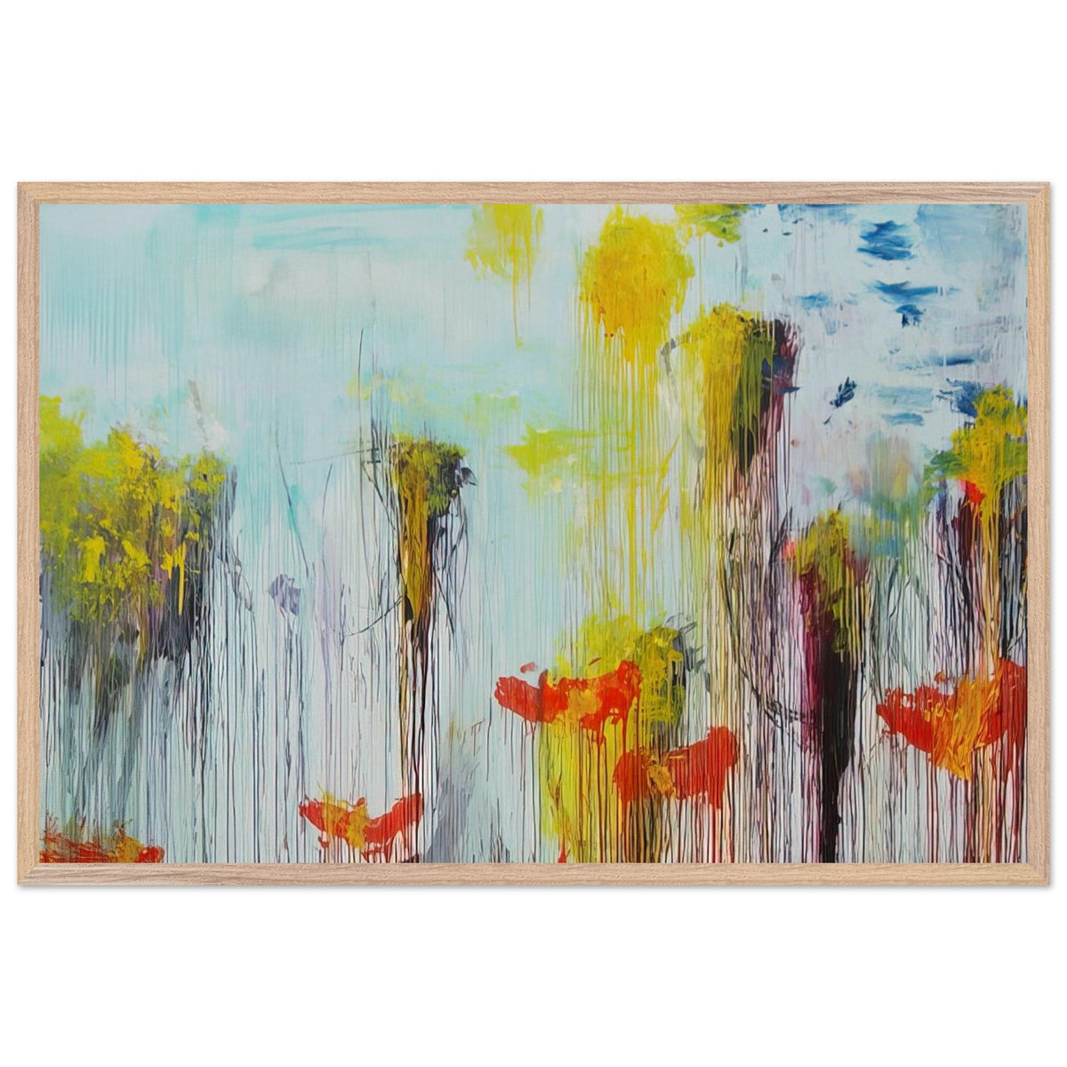 Lepanto, Part VII by Cy Twombly framed art print; featuring vibrant turquoise and aquamarine tones, vivid yellow brushstrokes, fiery orange and red accents; size 70 × 100 cm (28 × 40 in); wood frame.